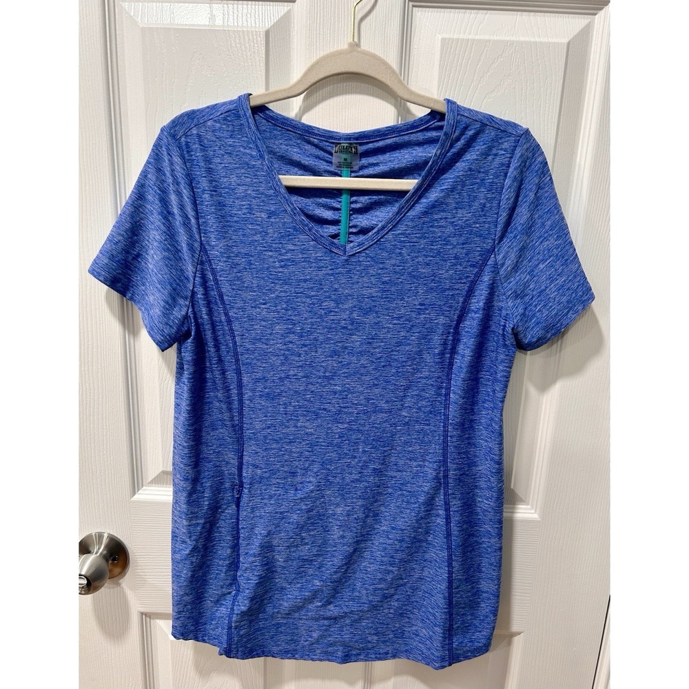Duluth Trading Co V-Neck Top Med Heather Blue Short Sleeve Zip Pockets Stretch